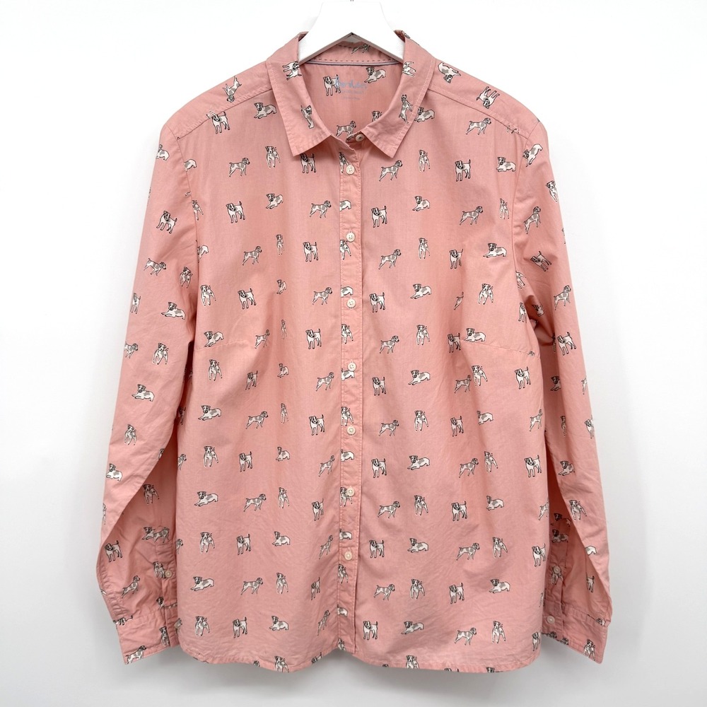 Boden Top Shirt Blouse Size 16R Classic Pink Dog Print 100% Cotton Long Sleeve
